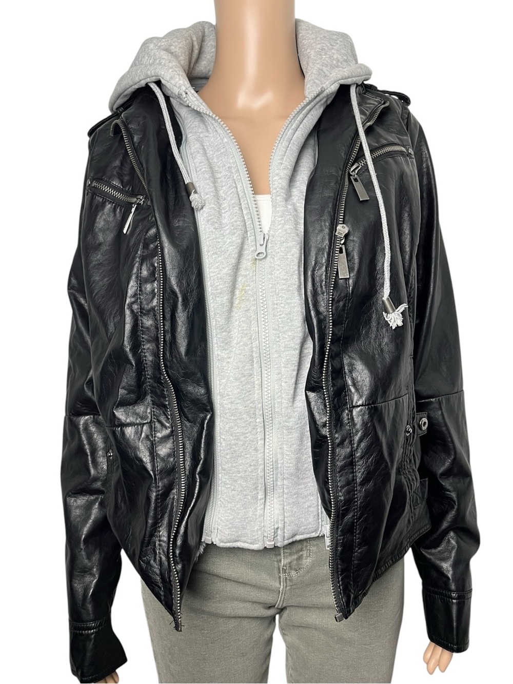 J2 Juniors Black Moto Faux Leather Jacket Faux Fur Lining Removable Hood